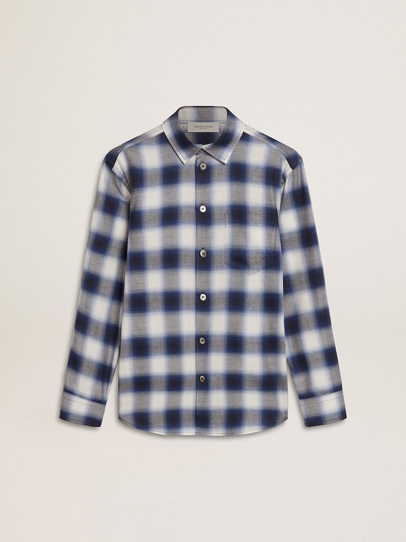 Boys' blue and white checked shirt with print on the back