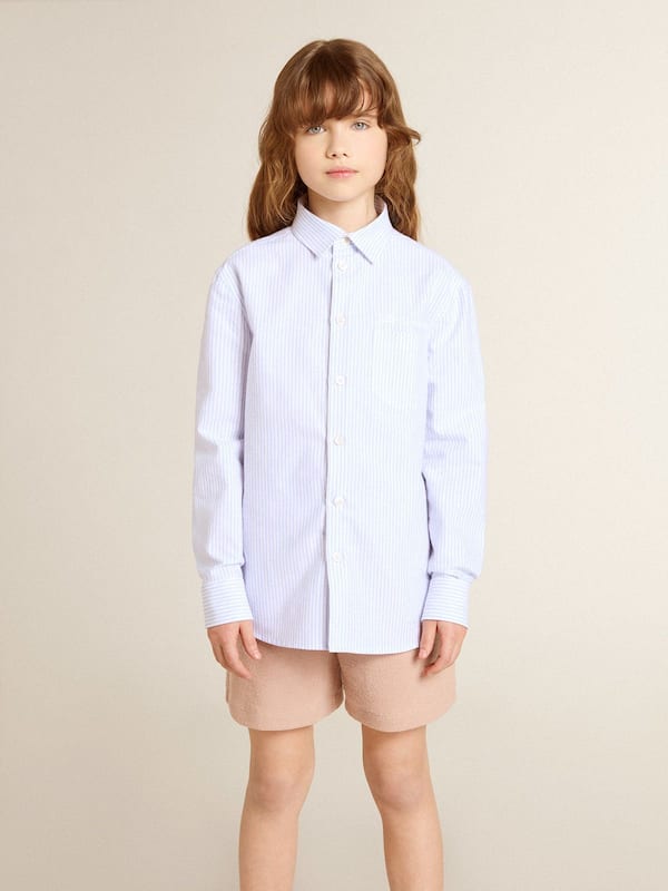 Golden Goose - Boys' shirt in light blue and white striped cotton with embroidered logo in 