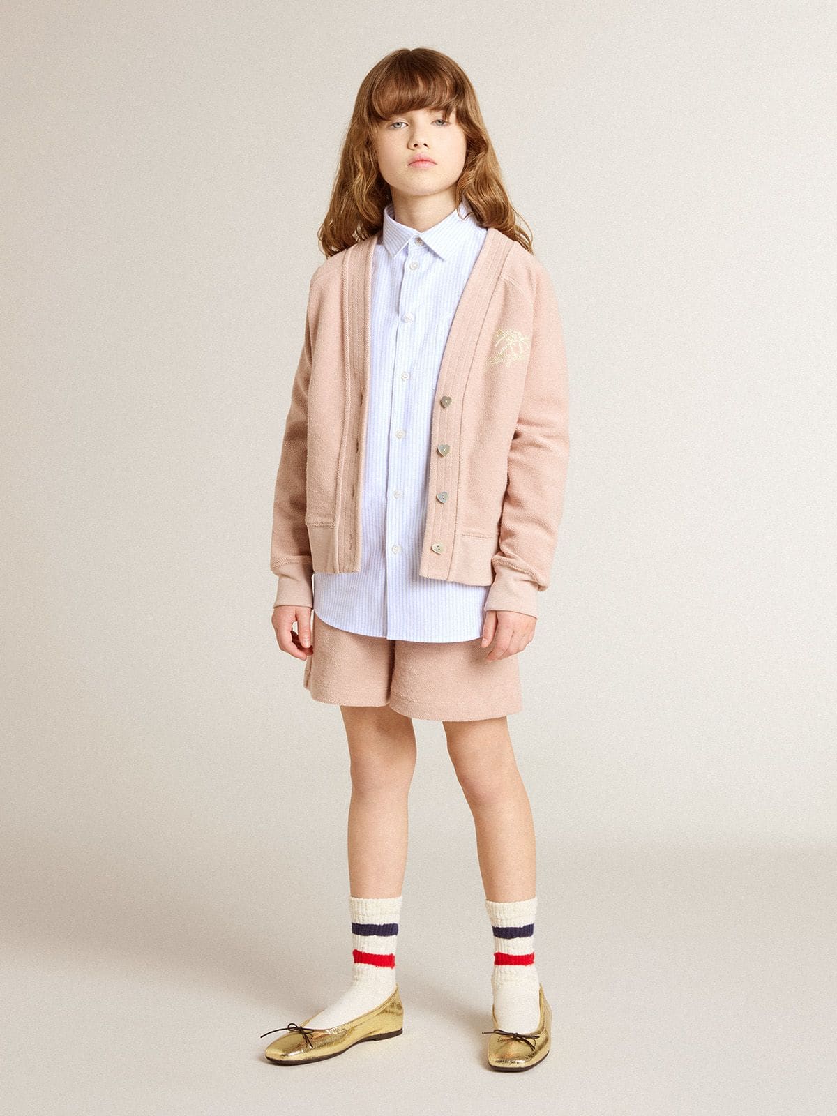 Golden Goose - Boys' shirt in light blue and white striped cotton with embroidered logo in 