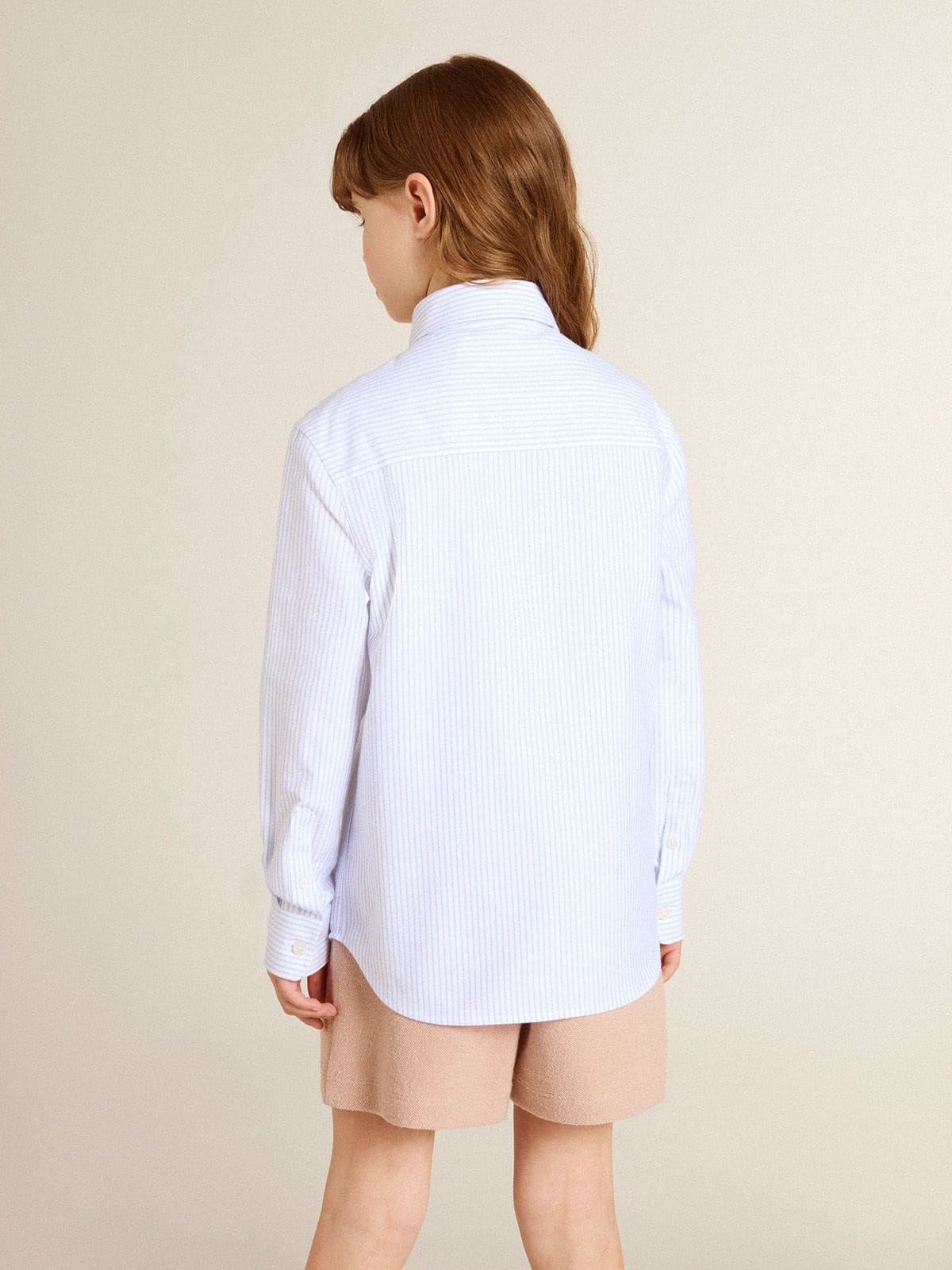 Golden Goose - Boys' shirt in light blue and white striped cotton with embroidered logo in 