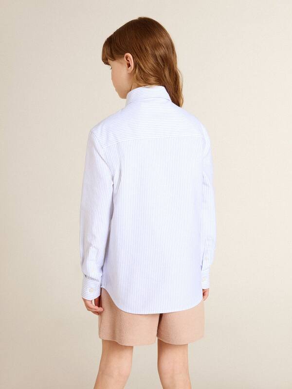 Golden Goose - Boys' shirt in light blue and white striped cotton with embroidered logo in 