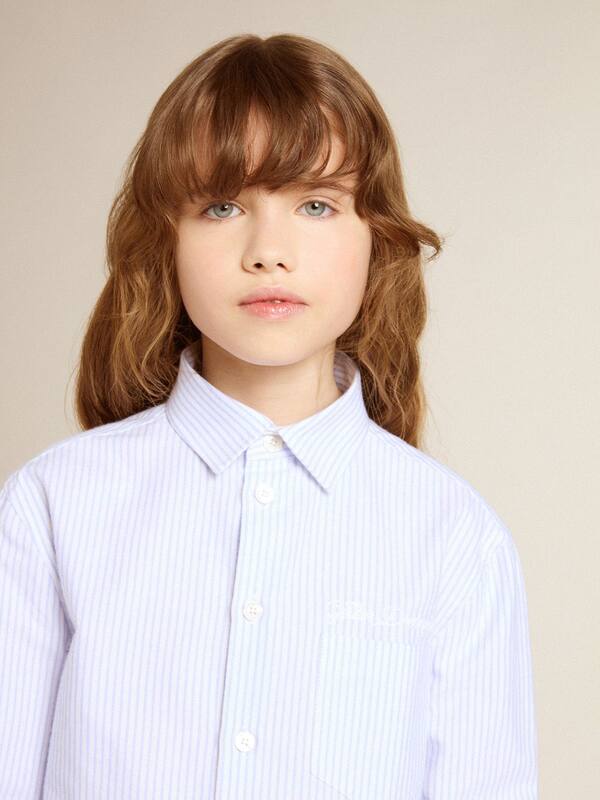 Golden Goose - Boys' shirt in light blue and white striped cotton with embroidered logo in 