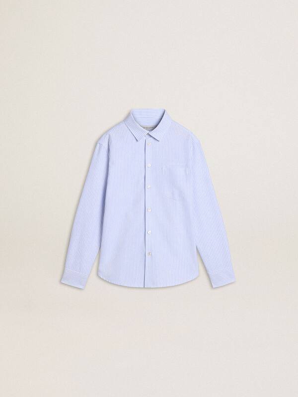 Golden Goose - Boys' shirt in light blue and white striped cotton with embroidered logo in 