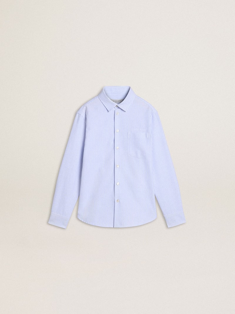 Boys' shirt in light blue and white striped cotton with embroidered logo