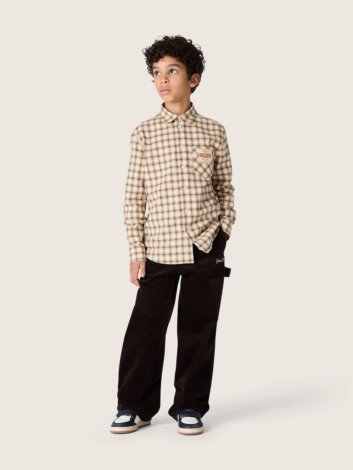 Golden Goose - Jungenhemd aus Baumwollflanell mit beige-braunen Karos in 