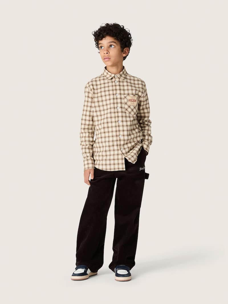 Golden Goose - Boys' shirt in beige and brown checked cotton flannel in 