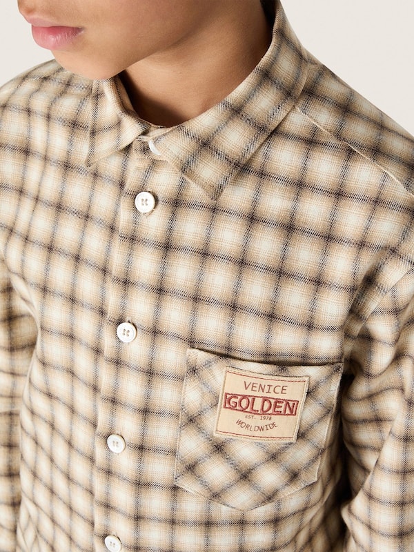 Golden Goose - Boys' shirt in beige and brown checked cotton flannel in 