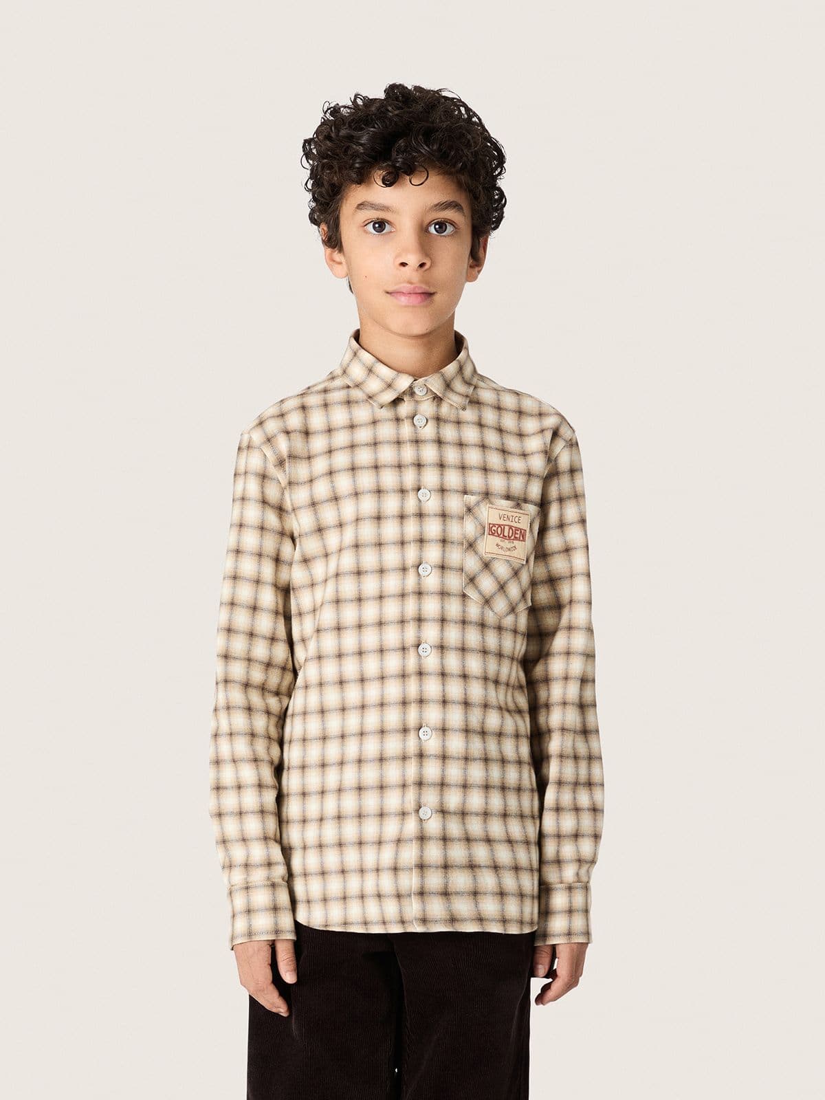 Golden Goose - Jungenhemd aus Baumwollflanell mit beige-braunen Karos in 