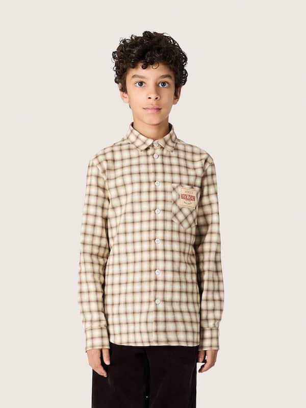 Golden Goose - Boys' shirt in beige and brown checked cotton flannel in 