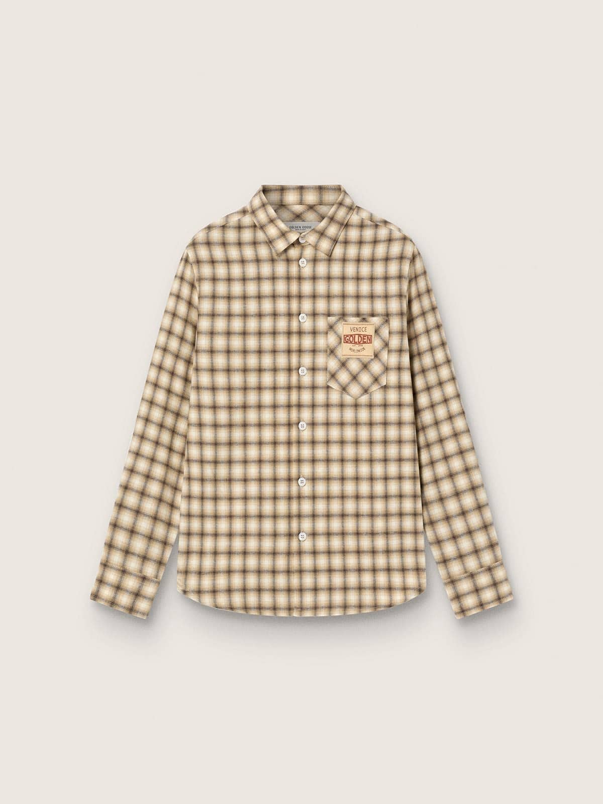 Boys' shirt in beige and brown checked cotton flannel