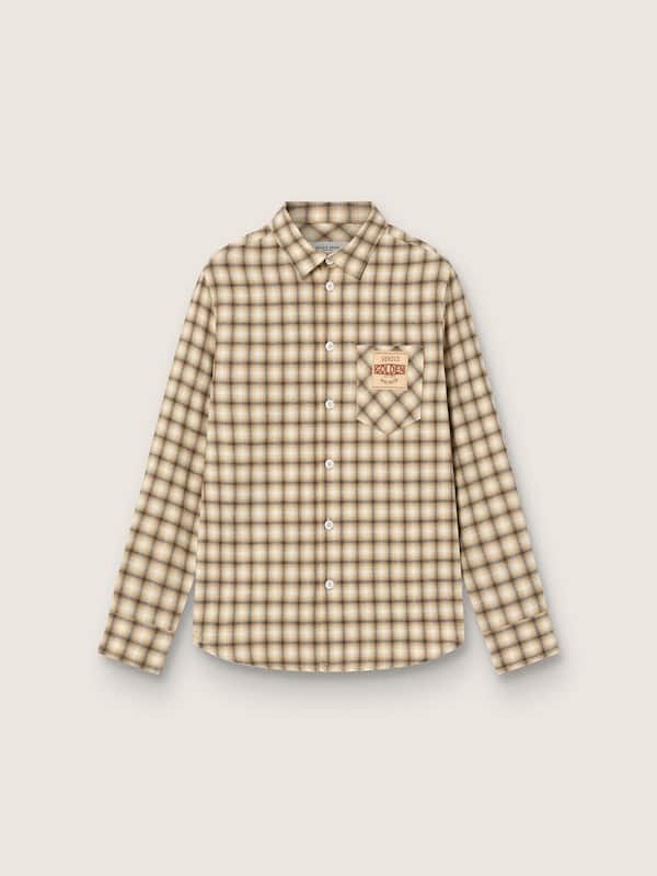 Camicia da bambino in flanella di cotone a quadri beige e marrone