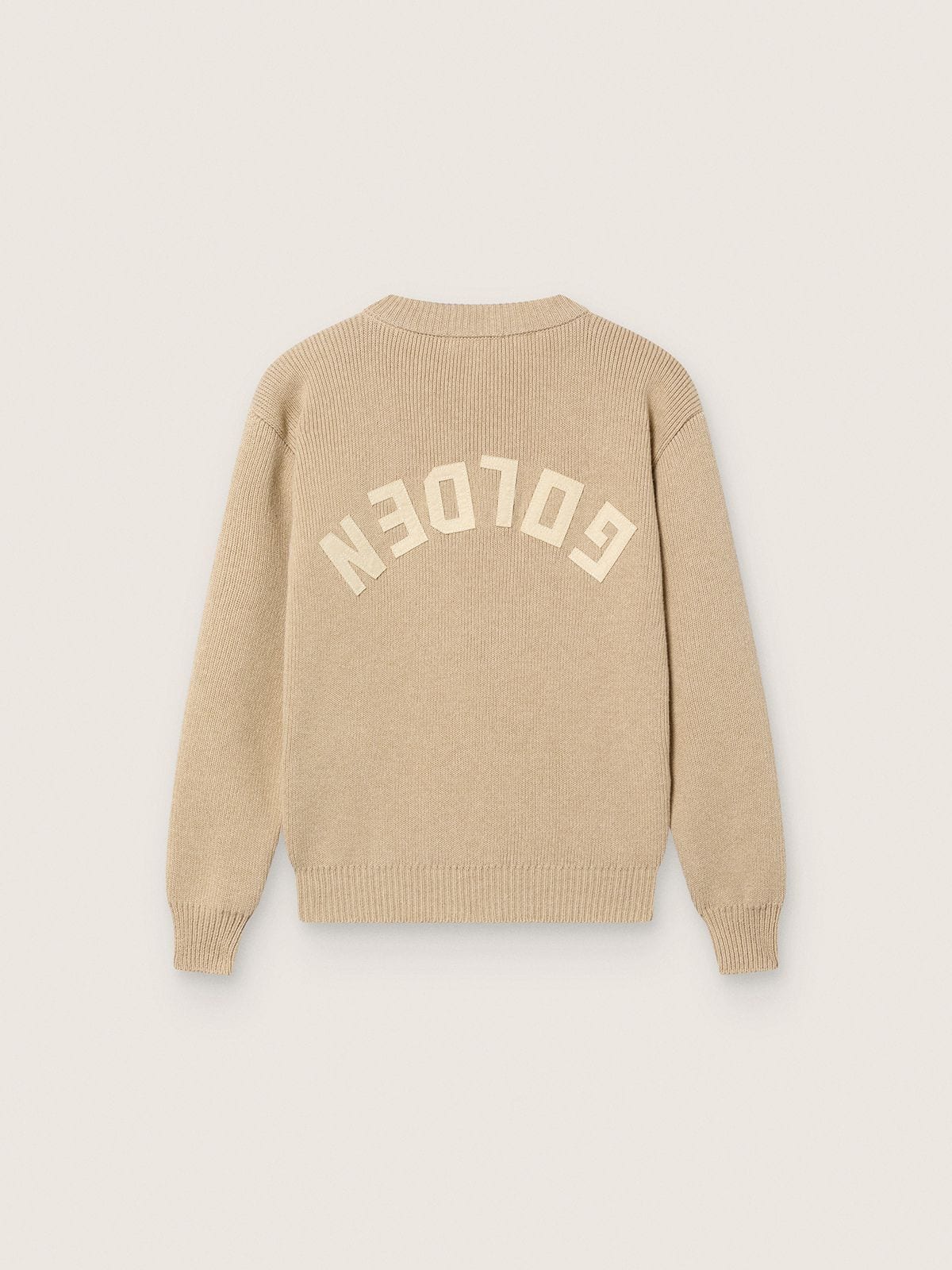 Beigefarbener, gerippter Unisex-Pullover für Kinder mit Logo auf der Rückseite