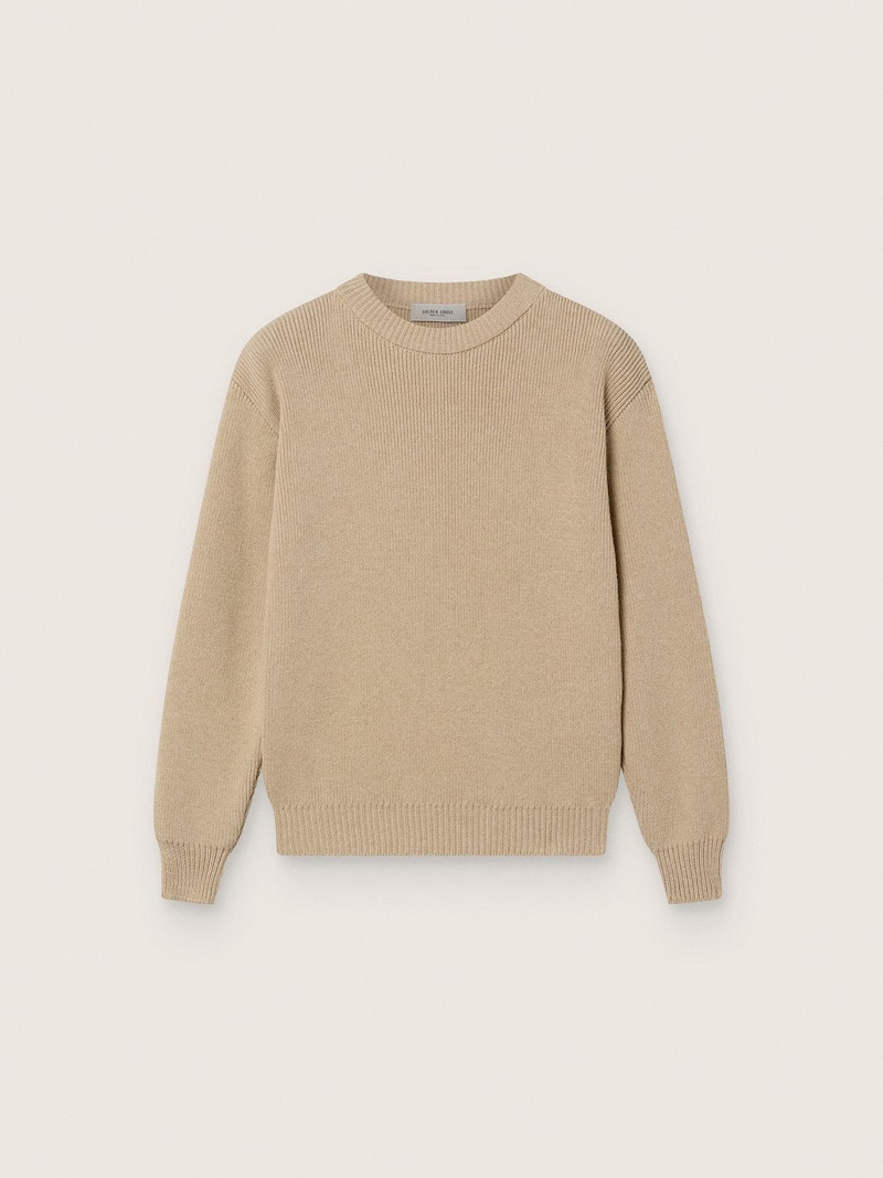 Beigefarbener, gerippter Unisex-Pullover für Kinder mit Logo auf der Rückseite