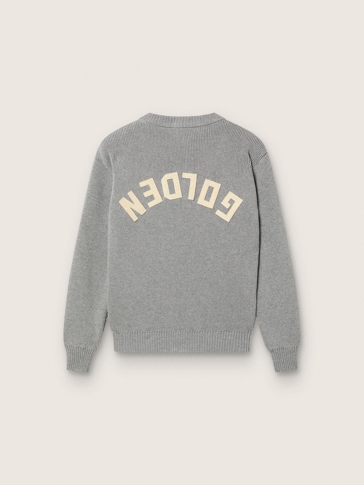 Grau melierter, gerippter Unisex-Golden-Pullover für Kinder mit Logo auf der Rückseite