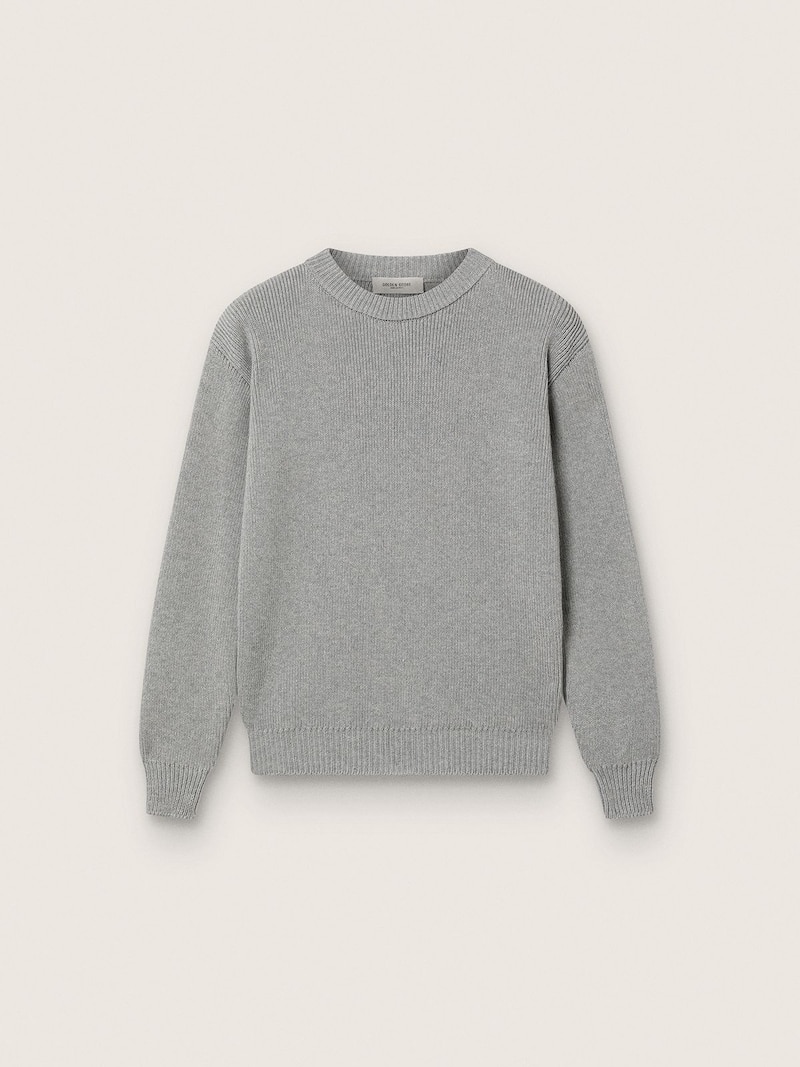 Grau melierter, gerippter Unisex-Golden-Pullover für Kinder mit Logo auf der Rückseite