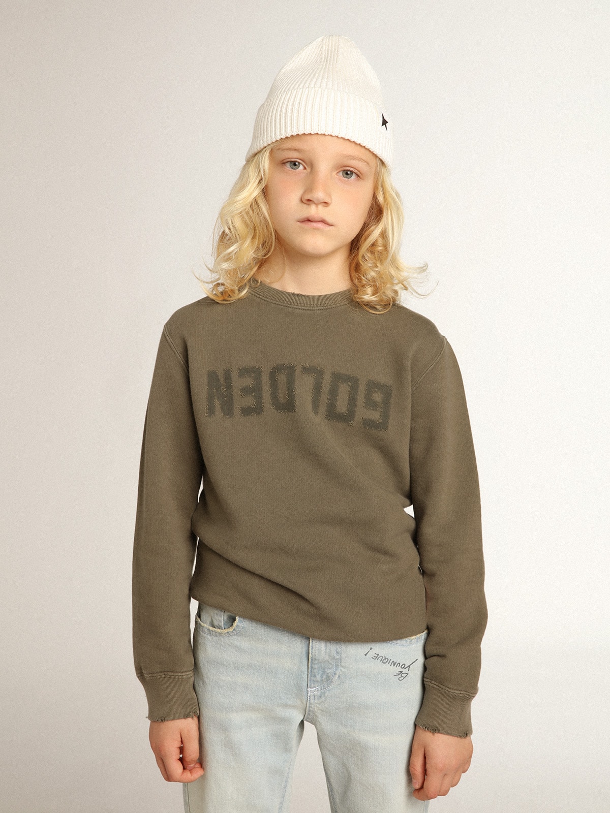 Golden Goose - Sweat-shirt vert olive avec effet usé et inscription Golden in 