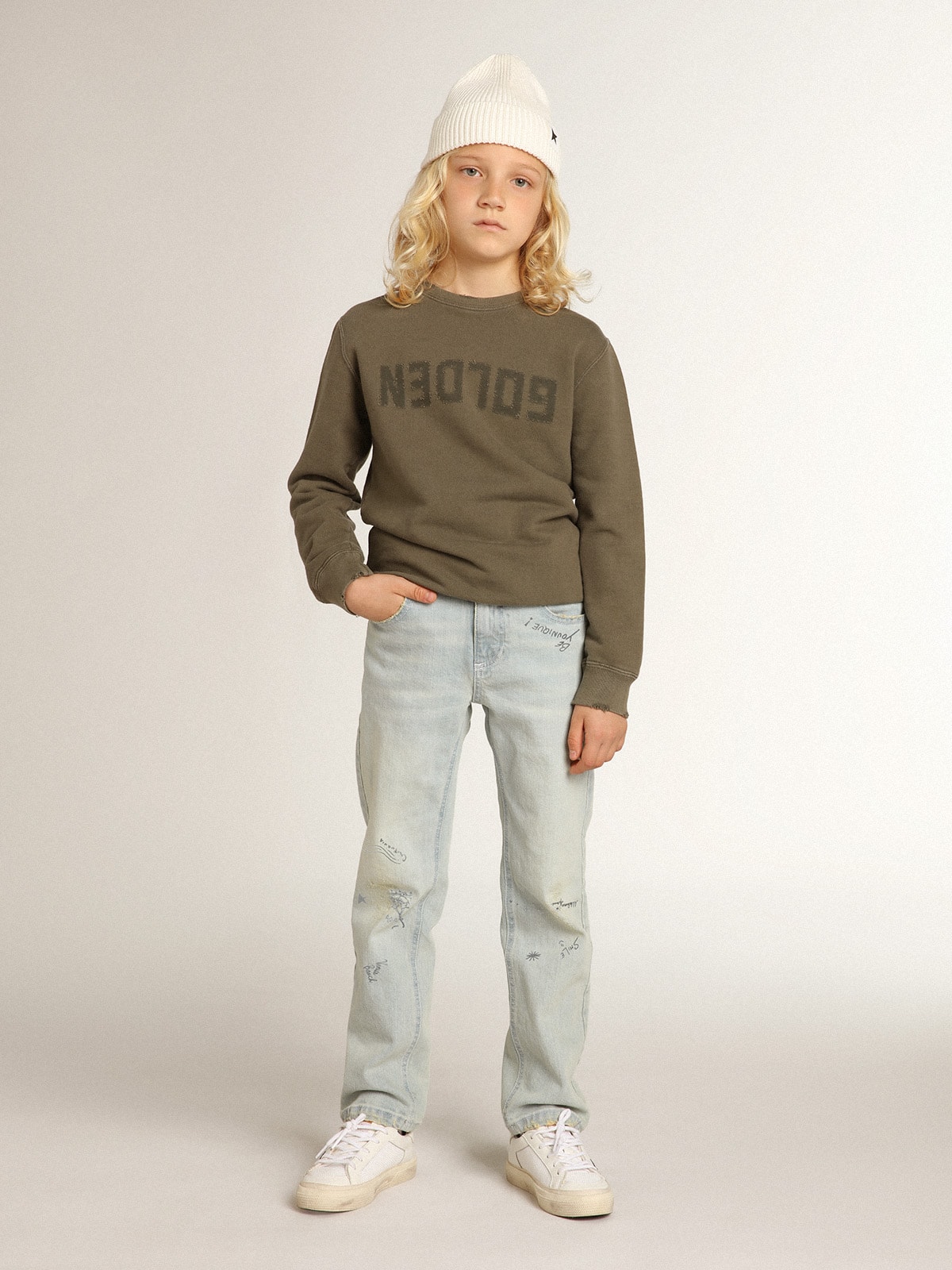 Golden Goose - Sweat-shirt vert olive avec effet usé et inscription Golden in 