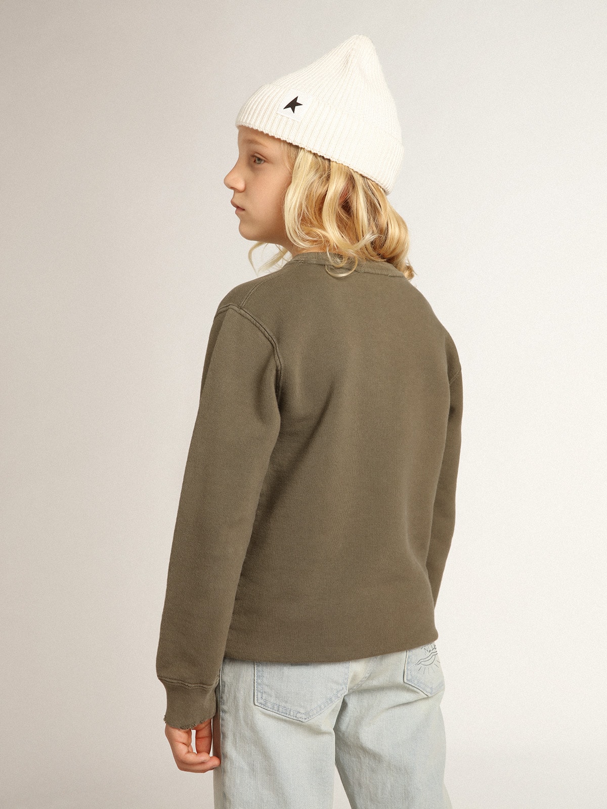 Golden Goose - Sweat-shirt vert olive avec effet usé et inscription Golden in 