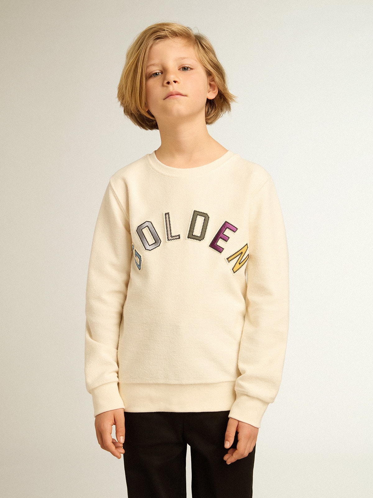 Sweatshirt in aged white with multicolor Golden lettering on the front Golden Goose