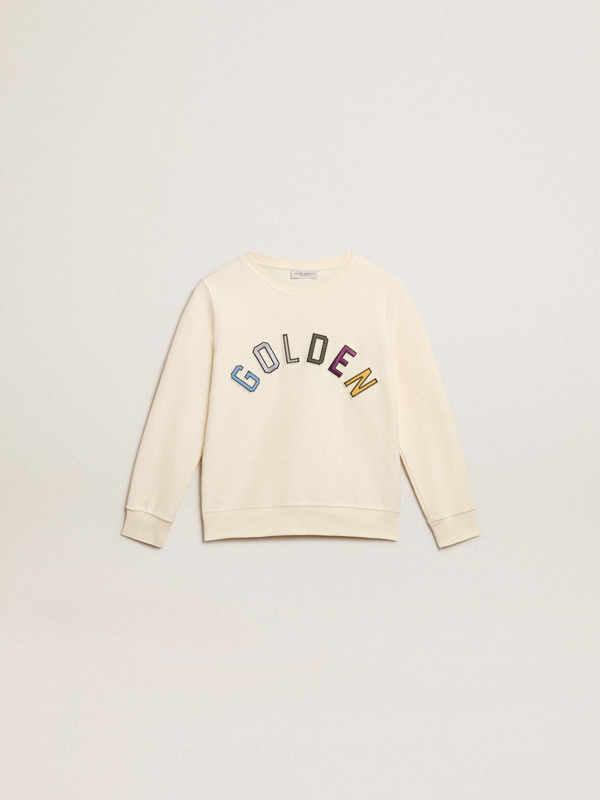 Golden Goose - Sweatshirt in Lived-in-White mit mehrfarbigem „Golden“-Schriftzug auf der Vorderseite in 