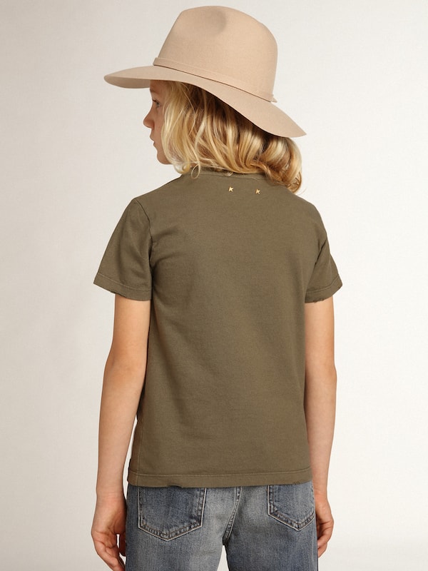 Golden Goose - Maglietta color oliva da bambino con logo bianco stampato al centro in 