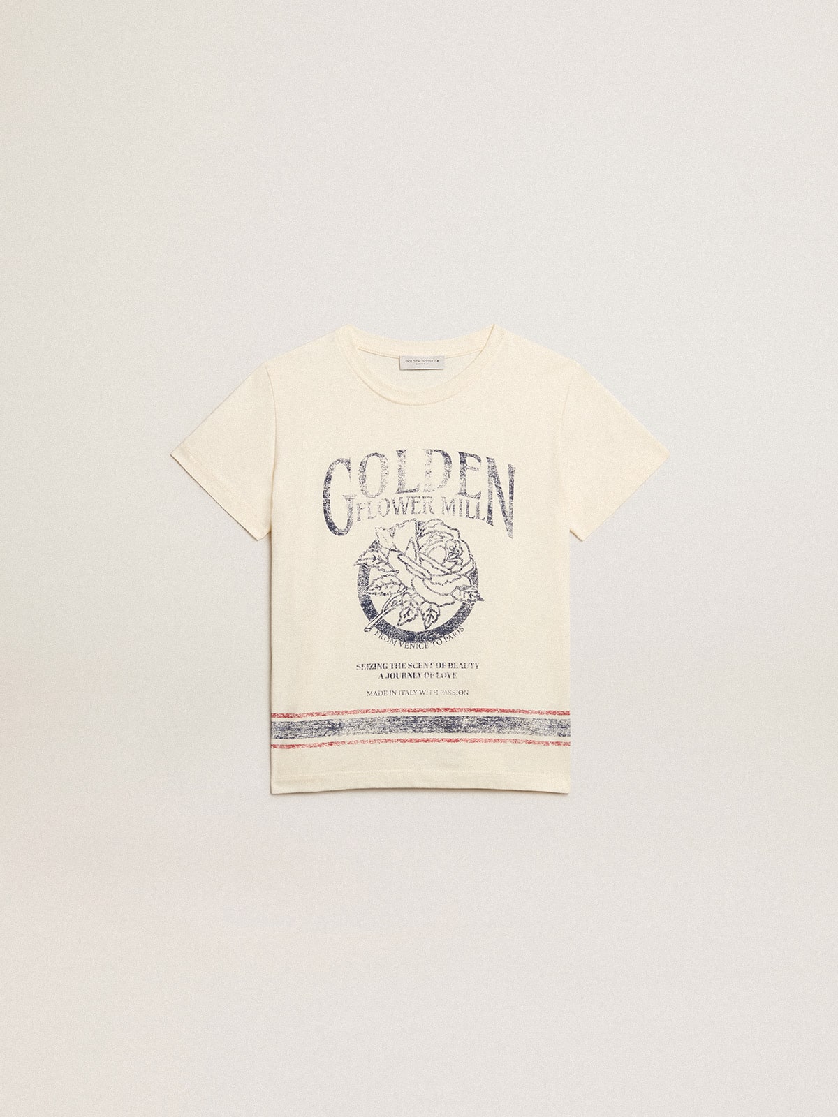 Golden Goose - T-shirt in cotone bianco vissuto con stampa sbiadita al centro in 