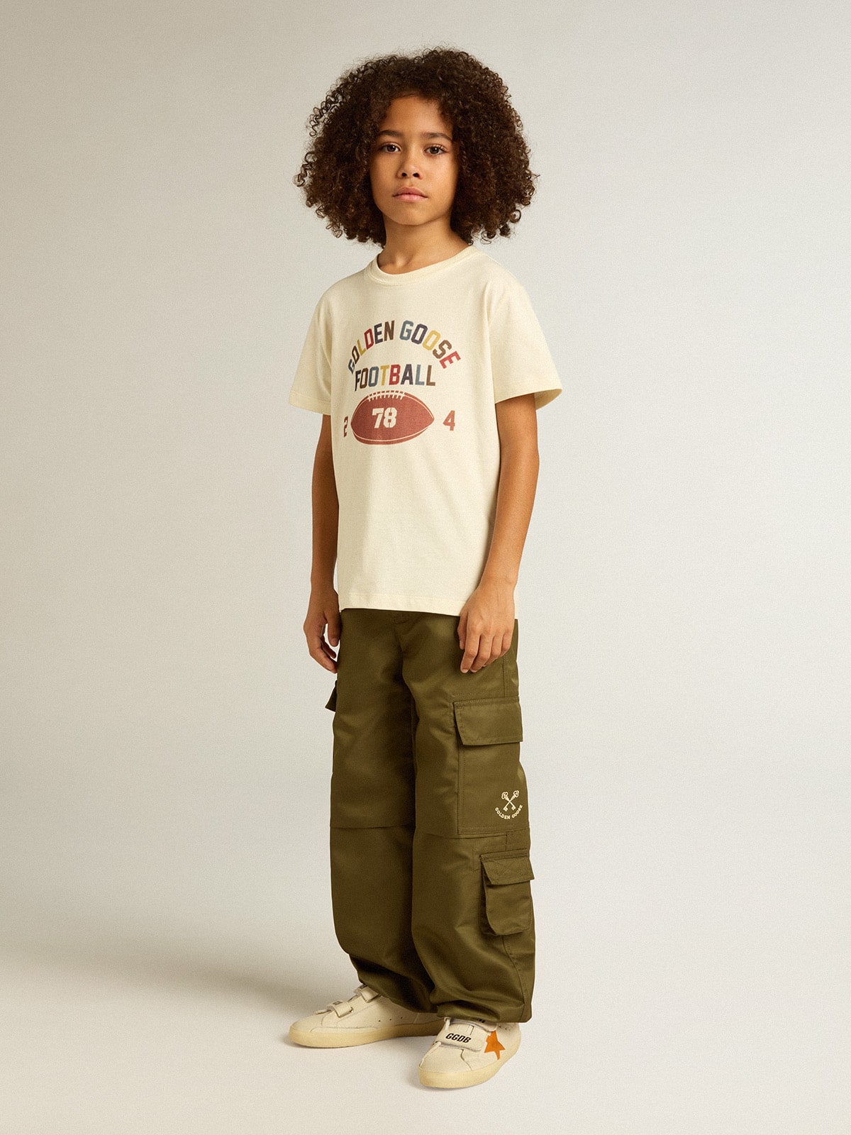 Golden Goose - Camiseta infantil masculina branco usado com escrita multicolorida in 