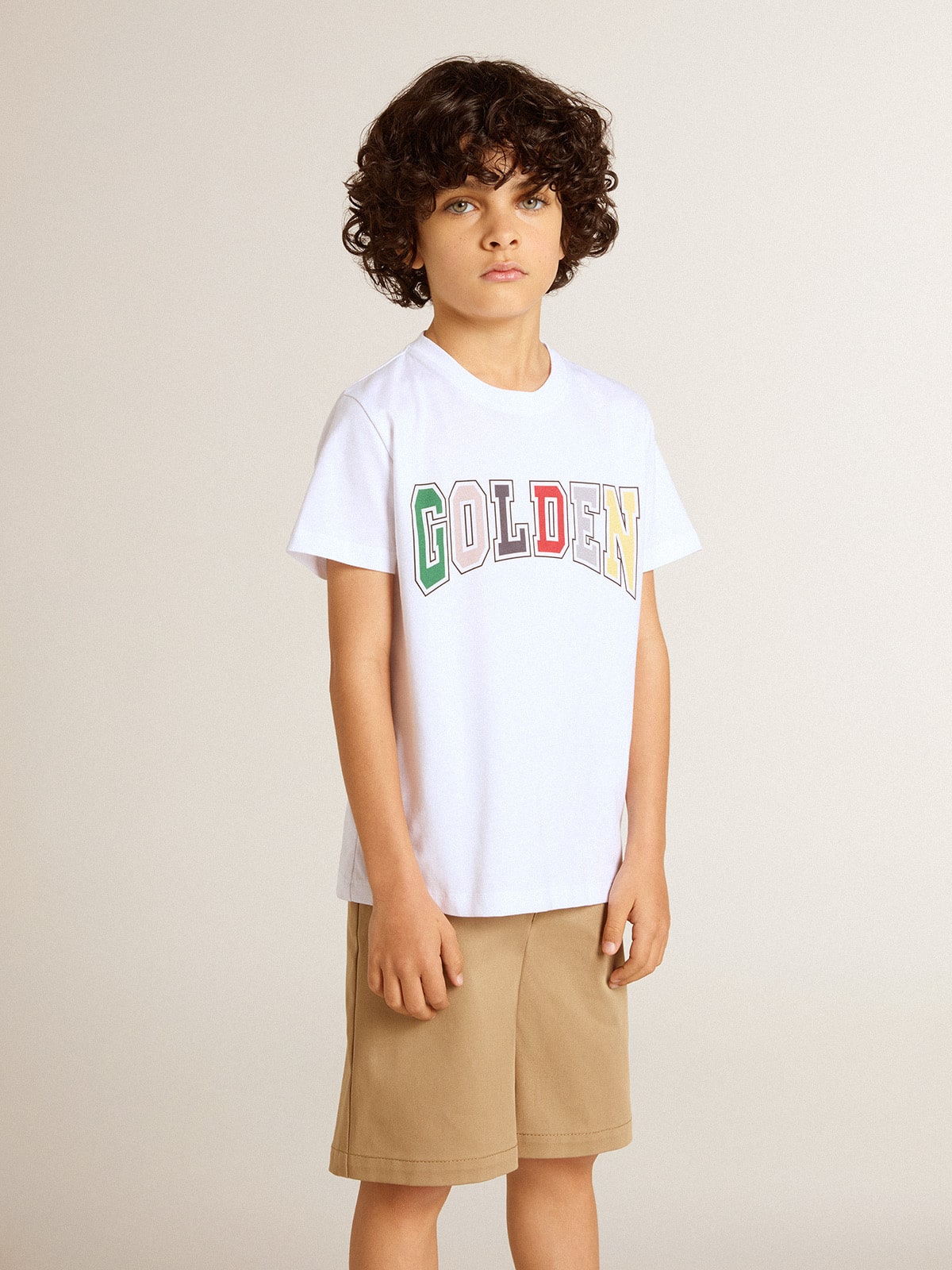 T-shirt di colore bianco da bambino con stampa Golden multicolor 