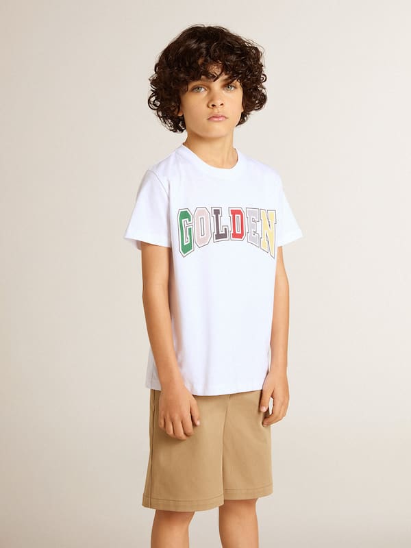 Golden Goose - Boys' white T-shirt with multicolored Golden print in 