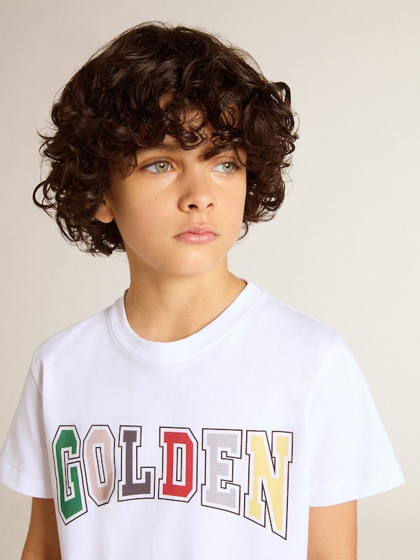 Golden Goose - Boys' white T-shirt with multicolored Golden print in 
