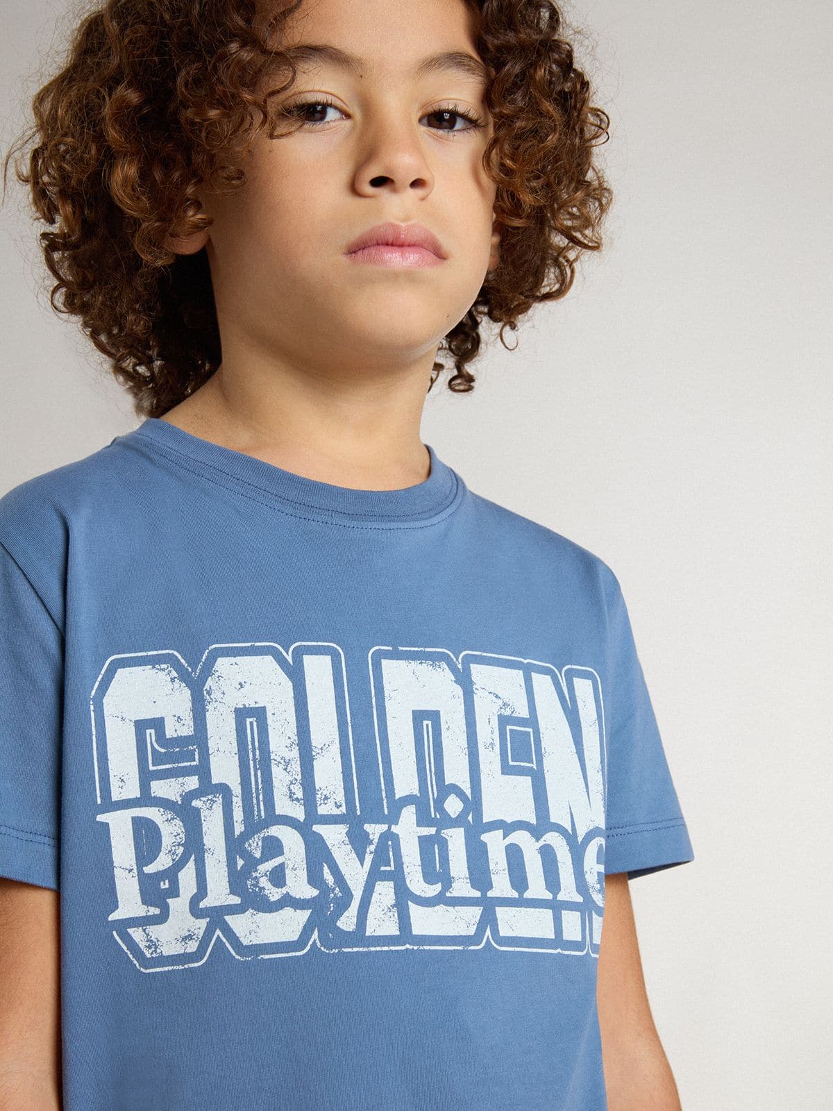 Golden Goose - T-shirt bleu clair pour garçon avec imprimé blanc in 