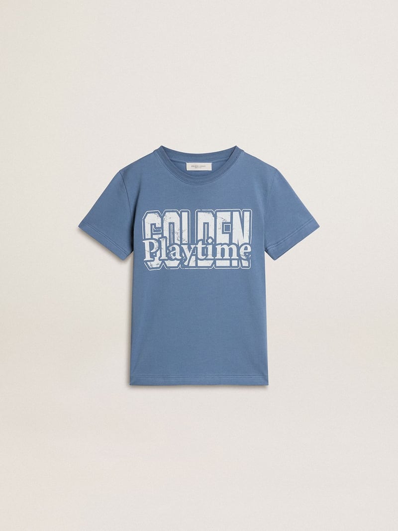 Camiseta de niño celeste con estampado blanco