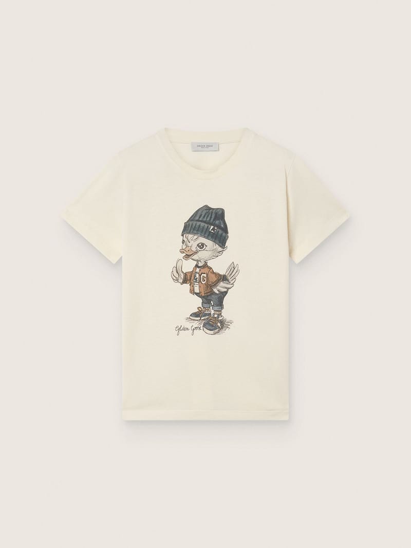 Journey T-shirt for boys in white cotton jersey with digital mascot print