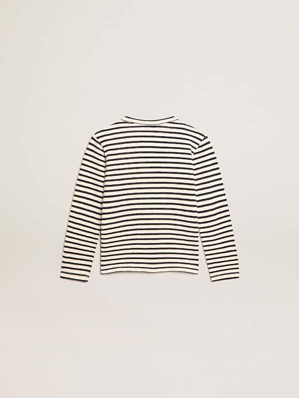 Golden Goose - Boys’ T-shirt with white and blue stripes and embroidery on the front in 