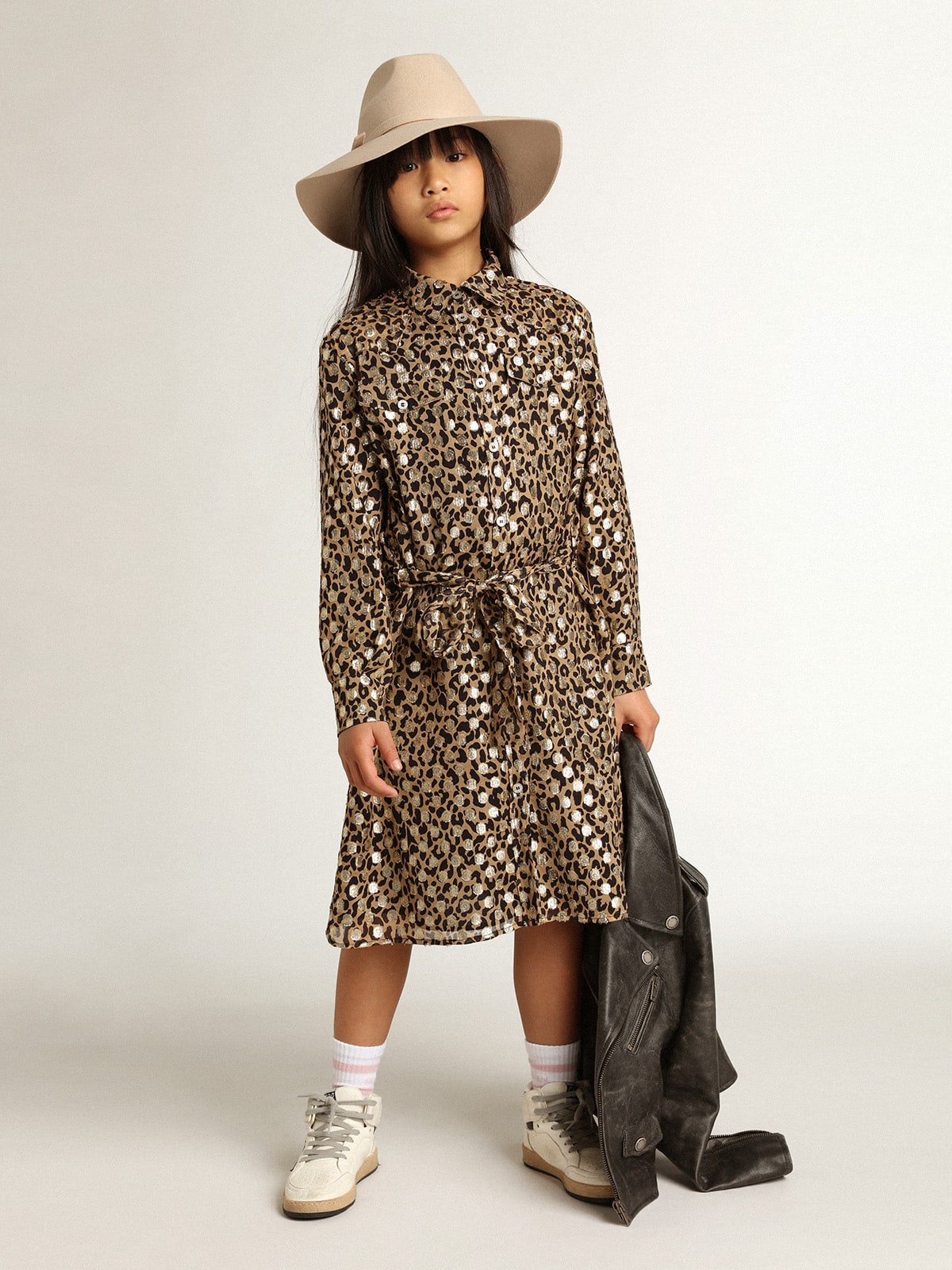 Golden Goose - Girls’ shirt dress with animal print and gold plumetis in 