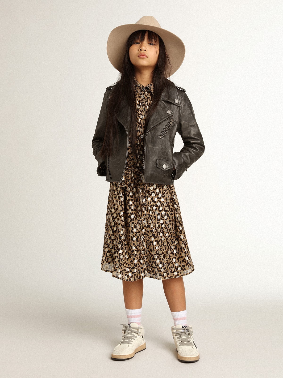 Golden Goose - Girls’ shirt dress with animal print and gold plumetis in 