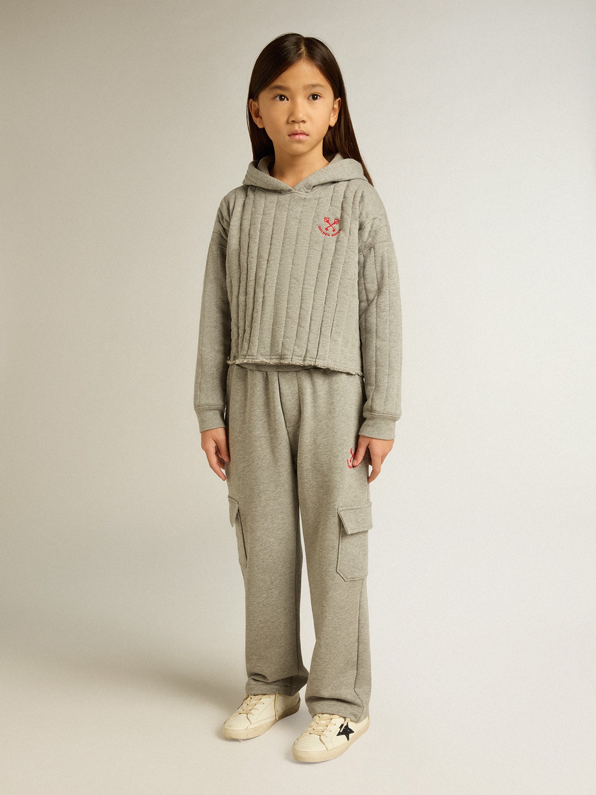 Golden Goose - Moletom cropped infantil masculino cinza mescla com capuz e bordado na frente in 