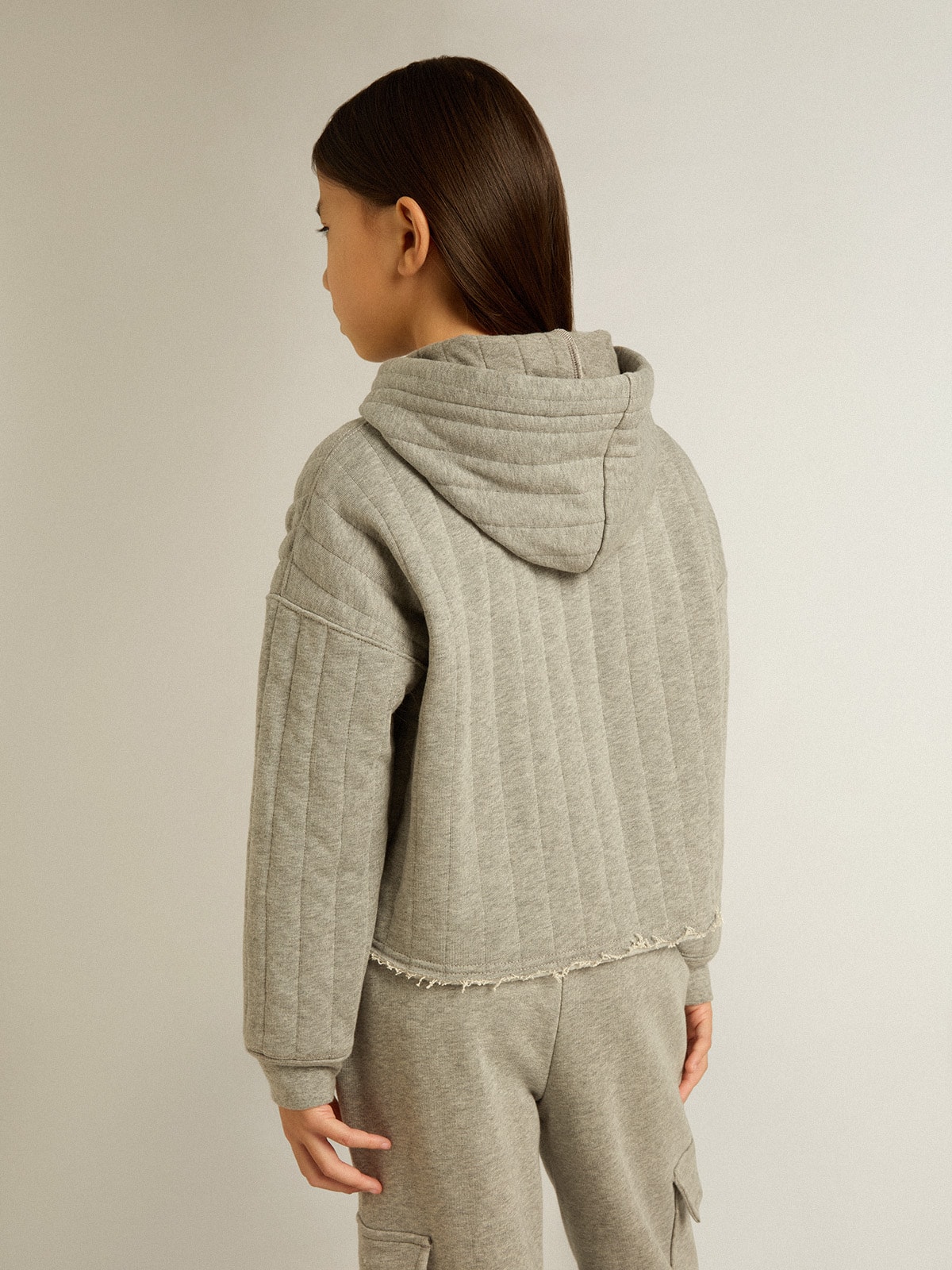 Golden Goose - Girls' cropped sweatshirt in gray melange with a hood and embroidery on the front in 