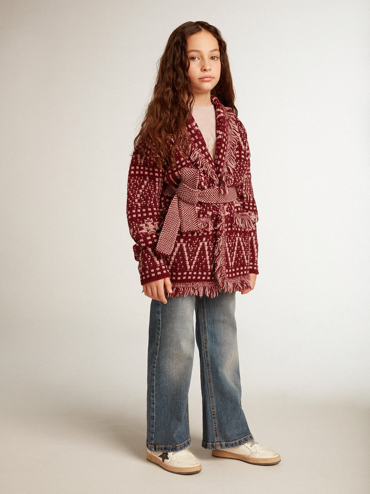 Golden Goose - Girls’ belted cardigan with burgundy Fair Isle motif in 