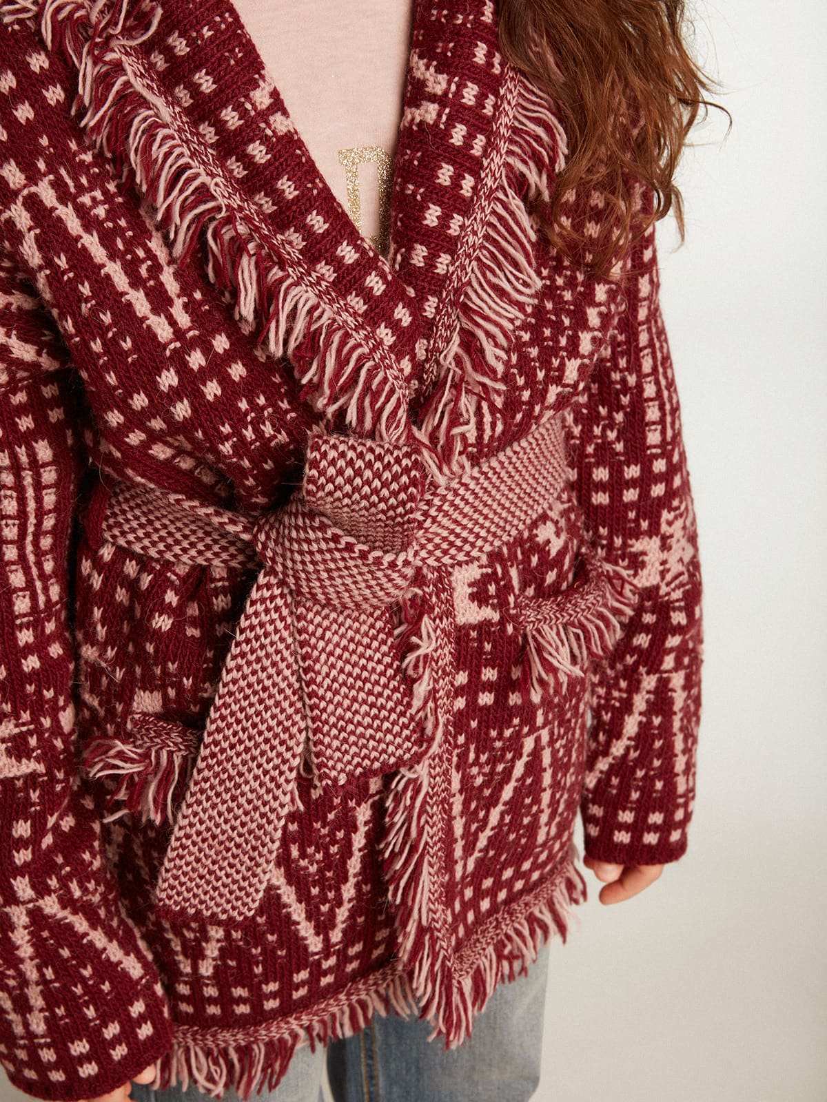 Golden Goose - Girls’ belted cardigan with burgundy Fair Isle motif in 