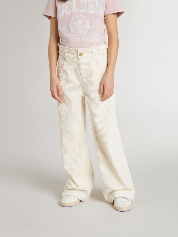 Golden Goose - Girls’ wide ribbed cream-colored trousers with embroidery  in 