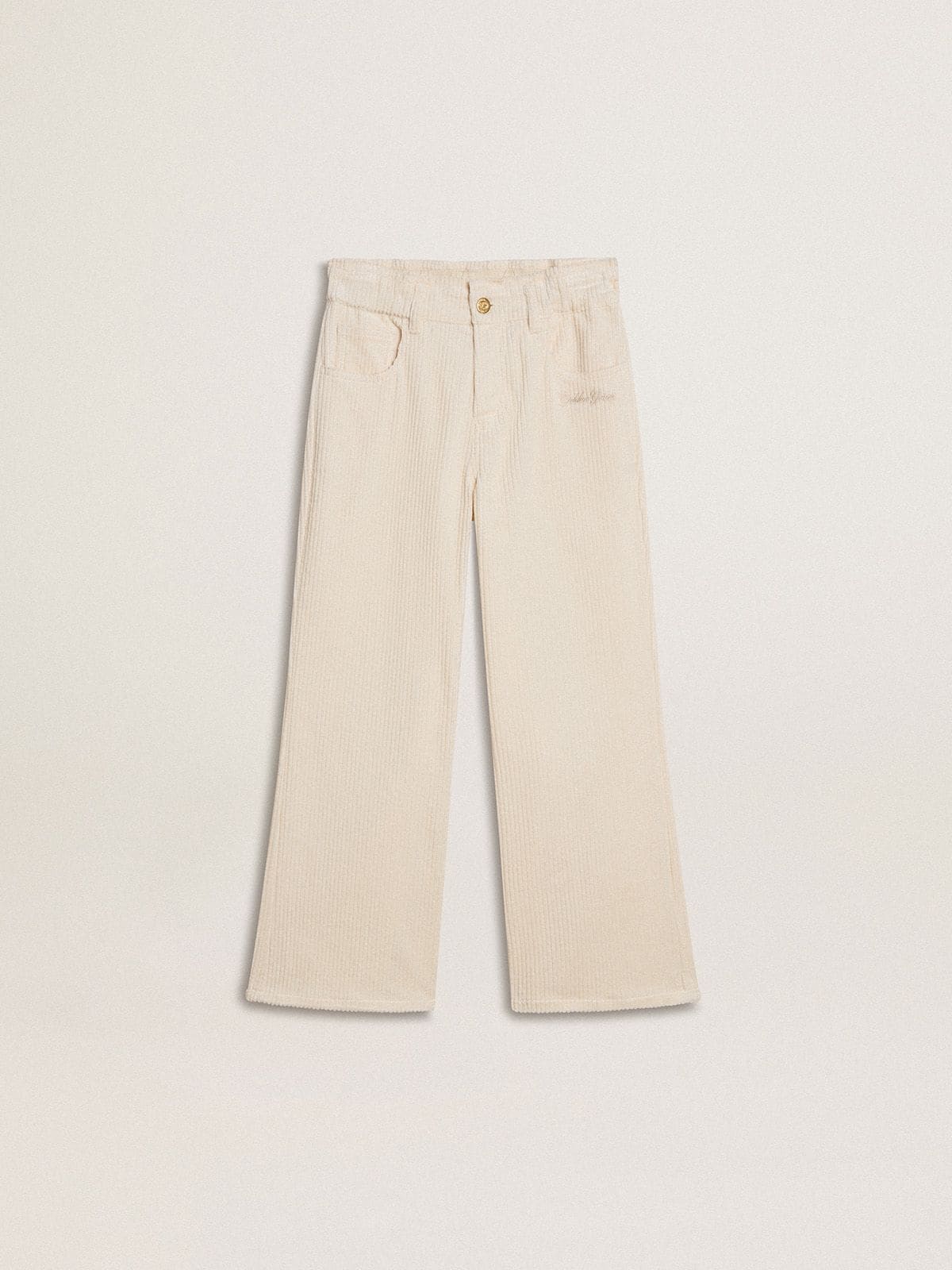 Golden Goose - Pantalón ancho de niña de canalé color nata con bordado in 