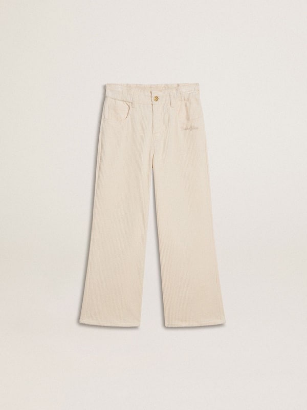 Golden Goose - Girls’ wide ribbed cream-colored trousers with embroidery  in 