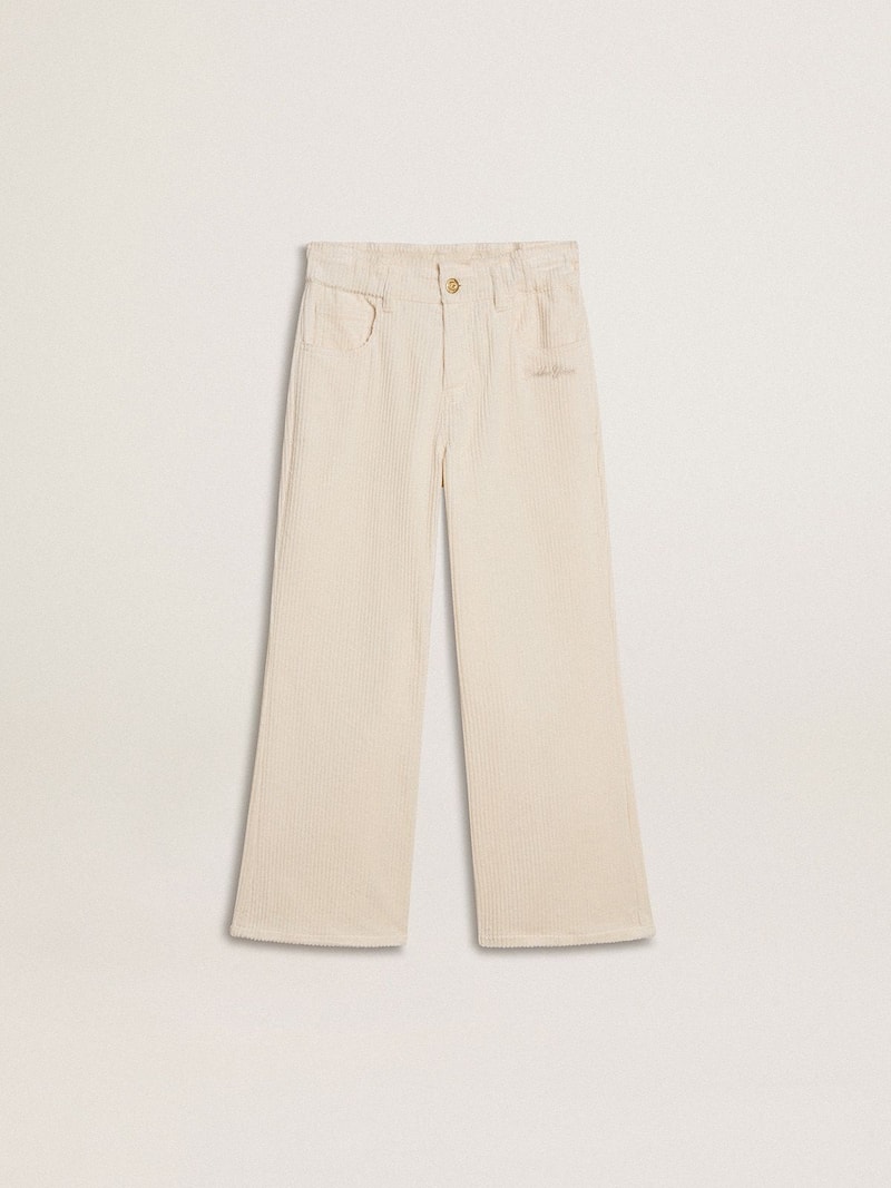 Pantalone ampio da bambina a costine color panna con ricamo