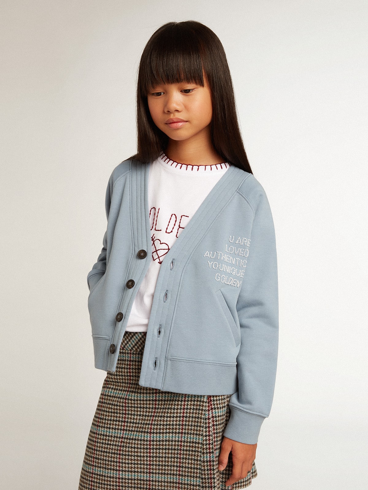 Golden Goose - Cardigan da bambina in cotone azzurro con scritta in perline in 