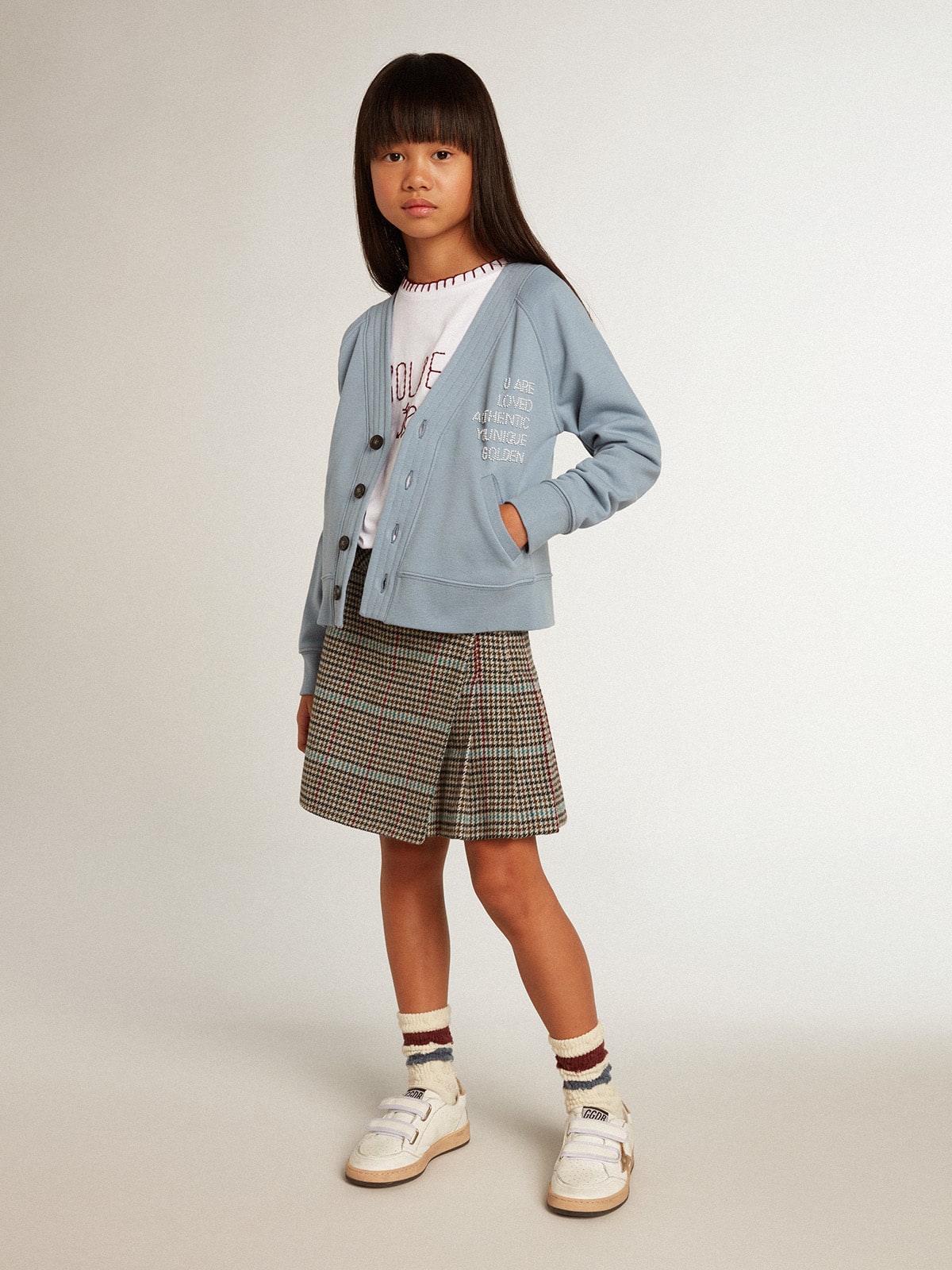 Golden Goose - Girls’ light blue cotton cardigan with beaded lettering in 