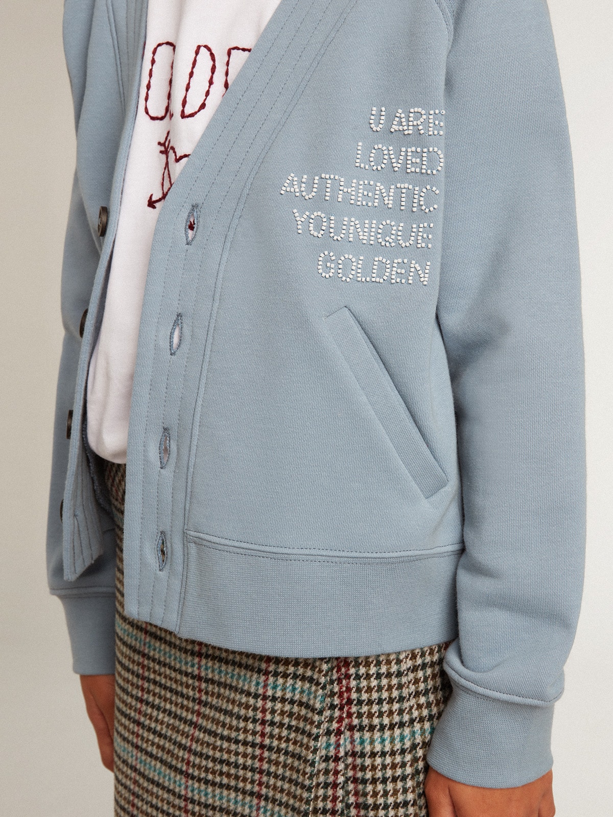 Golden Goose - Girls’ light blue cotton cardigan with beaded lettering in 