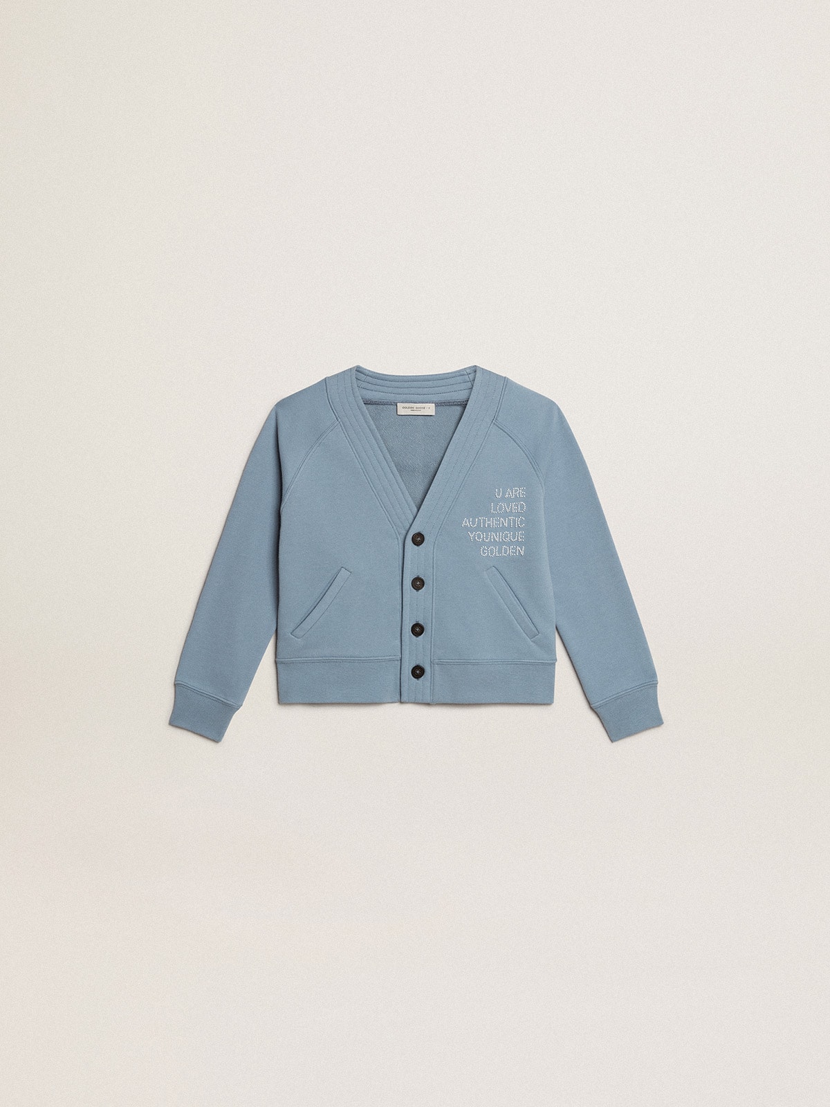 Golden Goose - Cardigan da bambina in cotone azzurro con scritta in perline in 