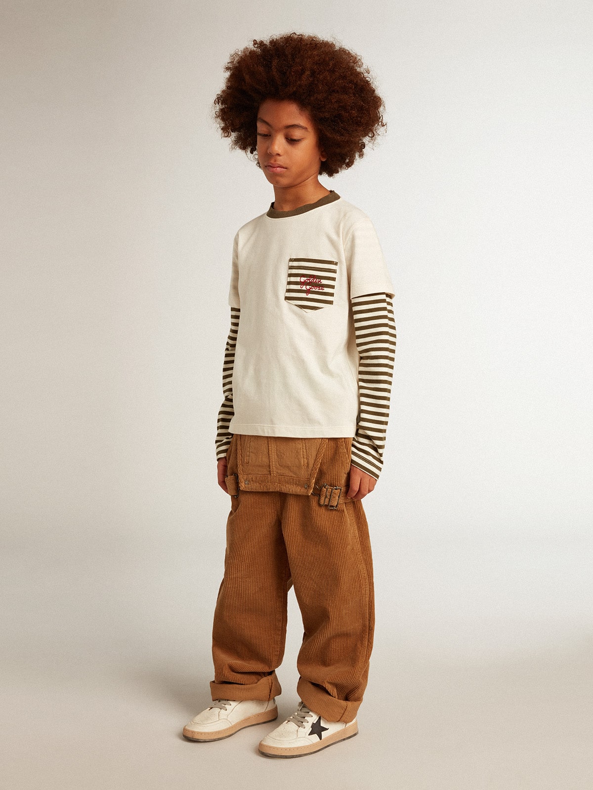 Golden Goose - T-shirt doppia manica da bambino in cotone a righe in 