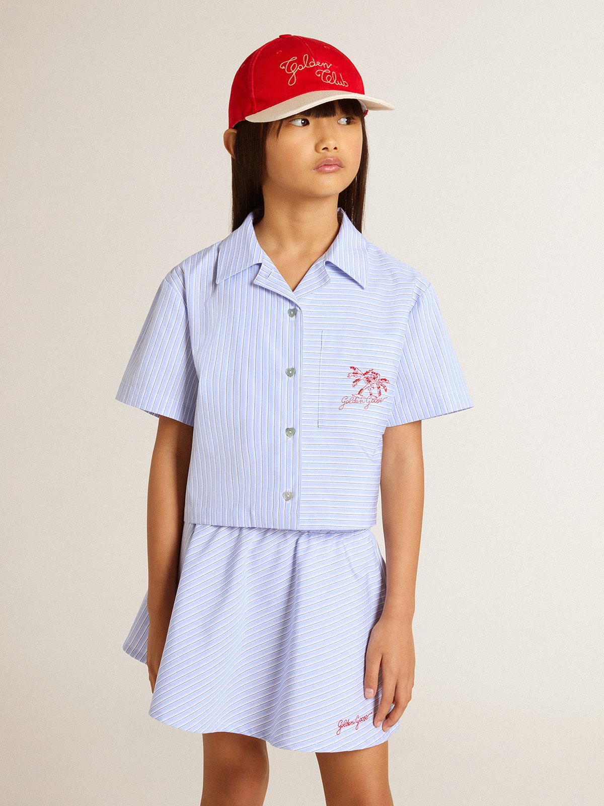 Golden Goose - Girls' cropped shirt in striped light blue cotton in 